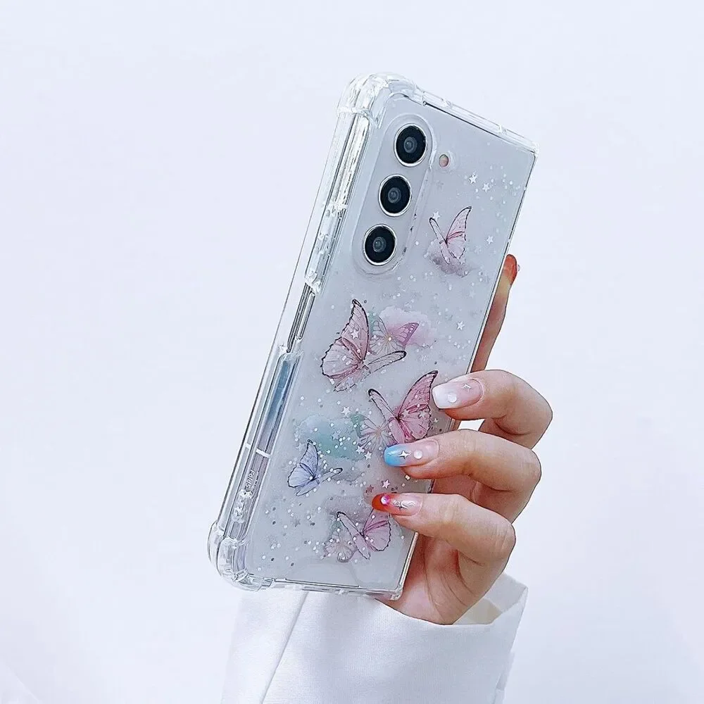 Samsung Galaxy Z Fold 7 Clear Case Sparkle Butterfly Pink Glitter Cover